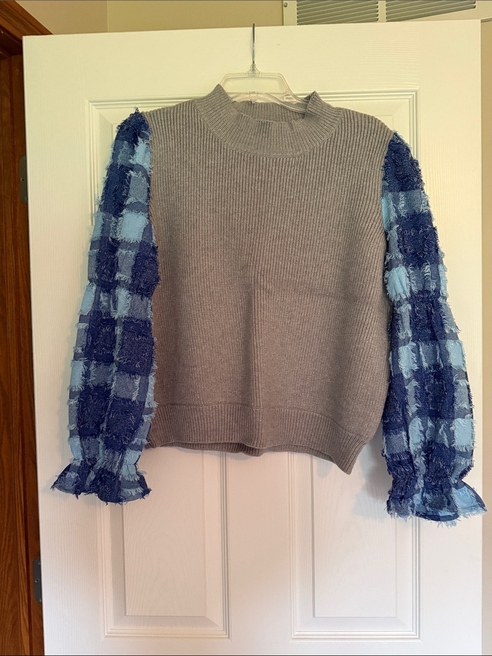 THML Gray Knit Sweater with Blue Plaid Puff Sleeves